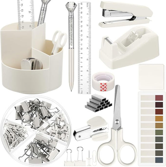 Marspark Beige Office Desk Accessories 12 Pcs Office Supplies Set 360° Rotating Pen Holder, Stapler, Tape Dispenser, Scissor, Sticky Notes, Binder Clips, Desk Organizers Gift for School