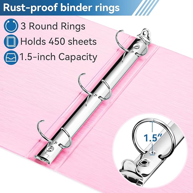 SUIN 1.5-Inch 3-Ring Binder with 2 Interior Pockets, Brushed Texture View Binders Assorted Colors, Holds 325 Sheets School Office Home, 6 Pack