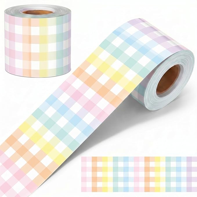 65.6 Ft Pastel Gingham Bulletin Board Border Die Cut Straight Border Trim Plaid Checkered Classrooms Decor for Whiteboard Wall Desk Window Door Locker Office School Party