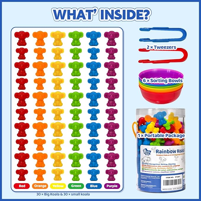 Pairez Toys Counting Toys for Toddlers, 60 Rainbow Koala Counters w/Sorting Bowls, Color Sorting, Counting & Math Manipulatives, Preschool Homeschool & Classroom Early Learning Supplies