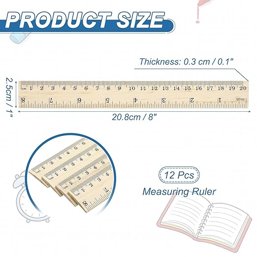 PATIKIL 8 Inch Wooden Rulers, 12Pcs Drafting Ruler Measuring Drafting Tools with Centimeters and Inches for Office Home Teacher Drawing Supplies, Wood