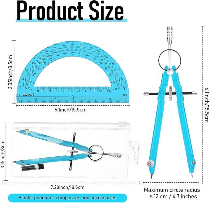 EBOOT Student Geometry Math Set, Metal Drawing Compass and 6 Inch Clear Swing Arm Protractors 180 Degree Math Protractor(Blue and Blue)