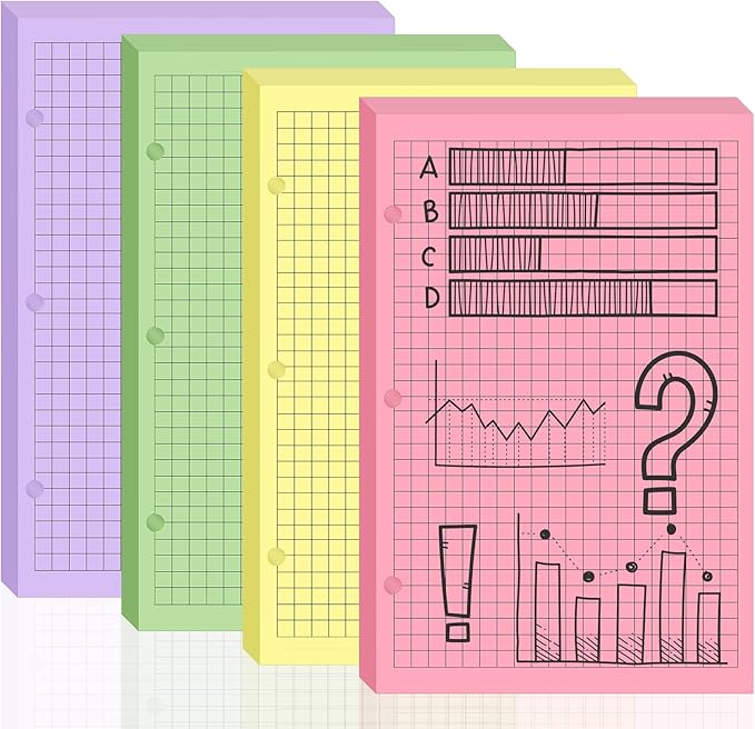 100 sheet Half Letter Graph Paper Refill 3 Hole Punch 5-1/2 x 8-1/2 College Ruled Grid Paper Pad Math Graph Paper Pad Colored Mini Binder Paper Planner Inserts Fits 3 Ring Binders For Office