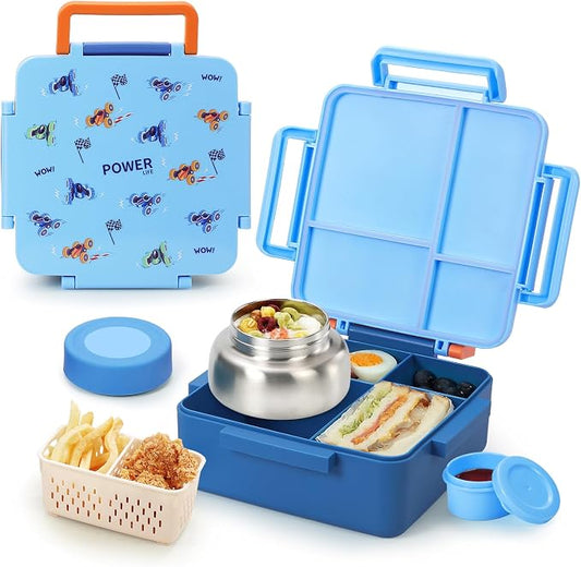 Bento Box for Kids with Thermos, [Large Capacity] Insulated Kids Lunch Box with 4 Compartment for Ages 3+, Drop-Proof & Dishwasher Safe Lunchbox Container Blue