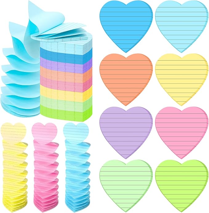 Teling 24 Pack Valentine's Day Sticky Notes Heart Lined Sticky Notes Self Adhesive Love Memo Pads for Valentines Party Exchange Gifts Office Home School 3x3 Inch(Light Colors, Classic)