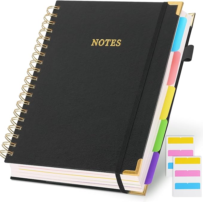 LABUK Leather Spiral 5 Subject Notebook with Removable Dividers Tabs, 300 Pages B5 Hardcover Spiral Notebook, 8"x10" Journal for Work School Note Taking, College Ruled Journal for Women, Black