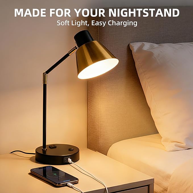 Modern Desk Lamp with USB & AC Outlet, Adjustable Industrial Table Lamp, Heavy Base, 270° Swivel, E26 Socket for A15/G45/T45 Bulbs, Bedside Lamp for Bedroom, Office, Living Room (Bulb Not Included)