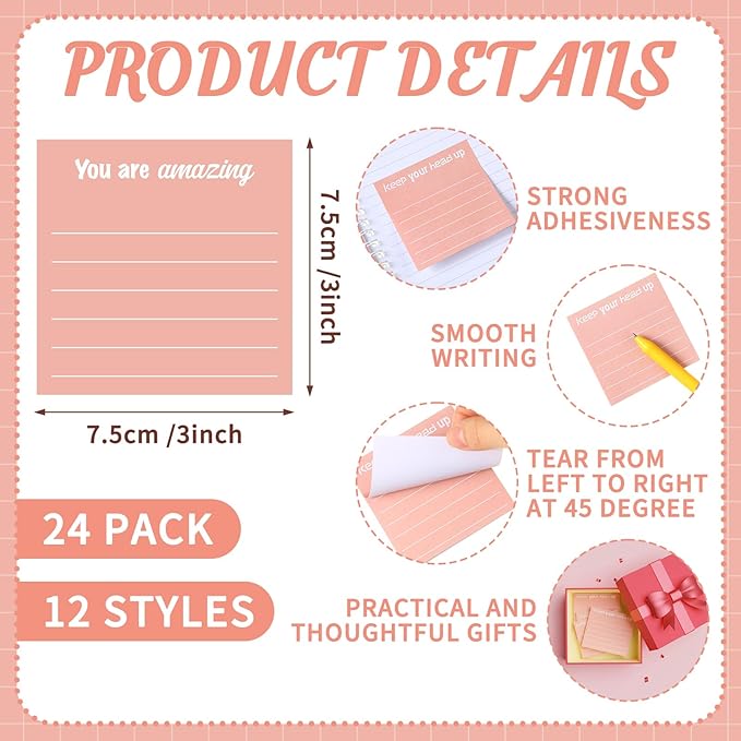 Yinder 24 Pcs Inspirational Sticky Notes Cute Motivational Sticky Notes Pad End of Year Employee Appreciation Gifts Bulk for Teacher Nurse Coworkers Office Supplies 3 x 3'' (Inspirational,Rose Gold)