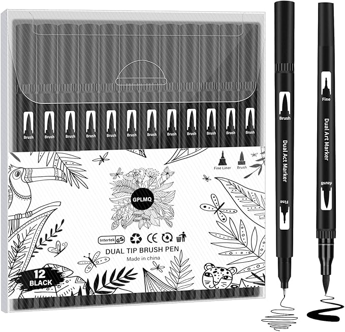 Black Drawing Pens, 12 Pack Felt Tip Markers for Adults and Kids, Dual Tip Brush Fineliners Pens for Art Drawing Sketching