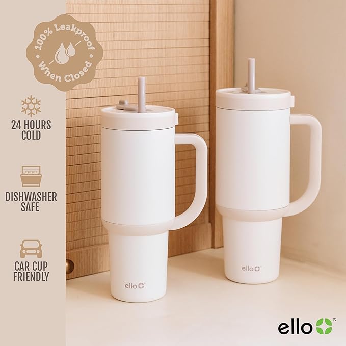 Ello Oasis 40 oz Tumbler with Handle & Retracting Straw | Reusable Insulated Stainless Steel Cup 100% Leakproof, Gifts for Teens Women Men | Keeps cold for 24 Hours, Cup Holder Friendly, Cream Tonal