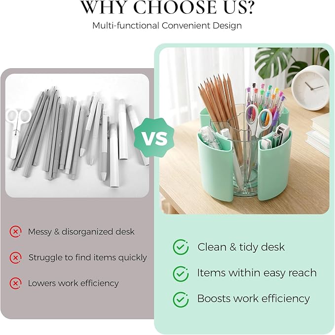 KONVINIT Green Pen Holder for Desk, 5 Slots 360° Rotating Pen Organizer, Cute Desk Organizers and Accessories for School, Home, Office and Art Supply
