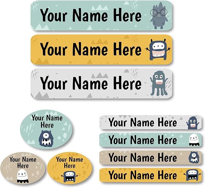 Lovable Labels Personalized Labels for Kids (85 Labels/Pack) - 3 Label Sizes Waterproof Dishwasher Safe Peel & Stick Labels for School Supplies Daycare Camp Clothing Bottles (Goosebumps)