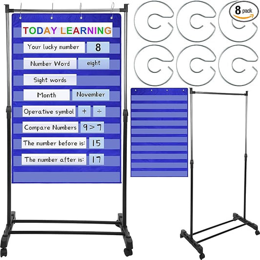 8 Pcs Adjustable Pocket Chart Stand Set Include 1 Standard Pocket Chart 6 Replacement Rings and 1 Adjustable Stand for Classrooms Home Teacher Lessons Educational Tools(Blue)