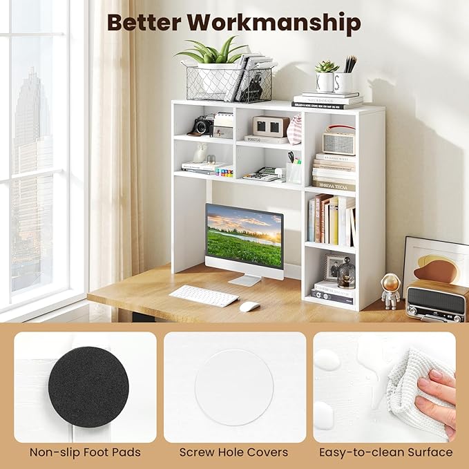 Giantex Desktop Bookshelf, Desk Hutch Dorm w/ 7 Cubes & 3 Adjustable Shelves, Desk Shelf for Up to 27" Computer Monitors, Wooden Desktop Storage Organizer for Dorm College Office Home (White)