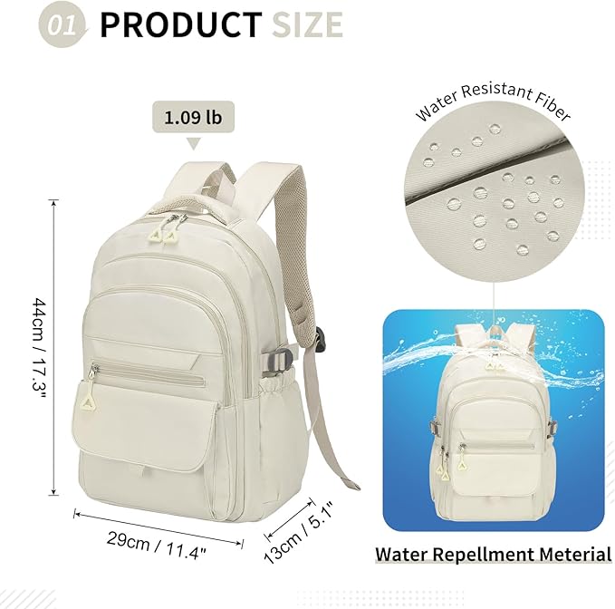 Aesthetic Daypack Backpack, Water-Resistant 15.6" Laptop Backpack for Women and Men, Featuring Touch-Fastener and Anti-Theft Pockets (White)