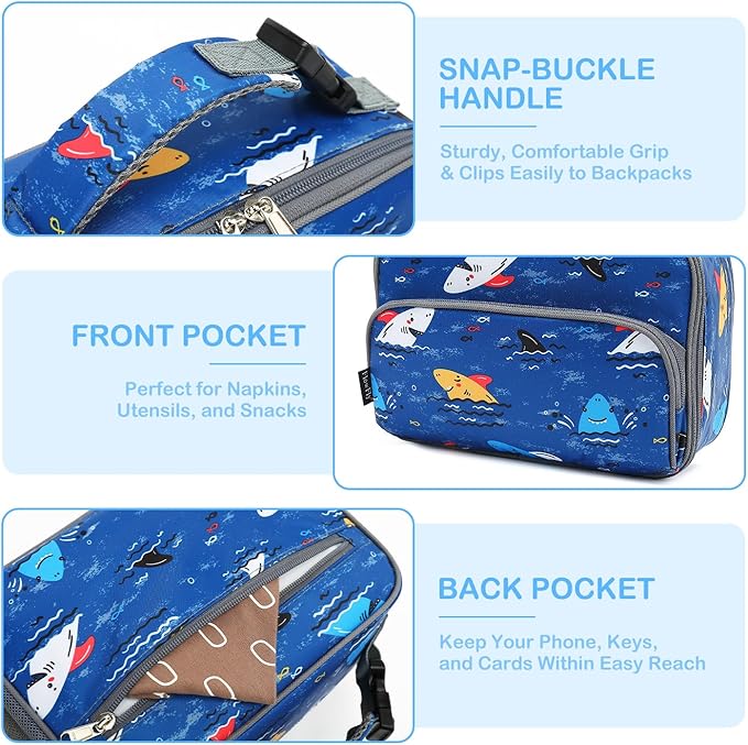 FlowFly Kids Lunch box Insulated Soft Bag Mini Cooler Back to School Thermal Meal Tote Kit for Girls, Boys, Colorful-Shark