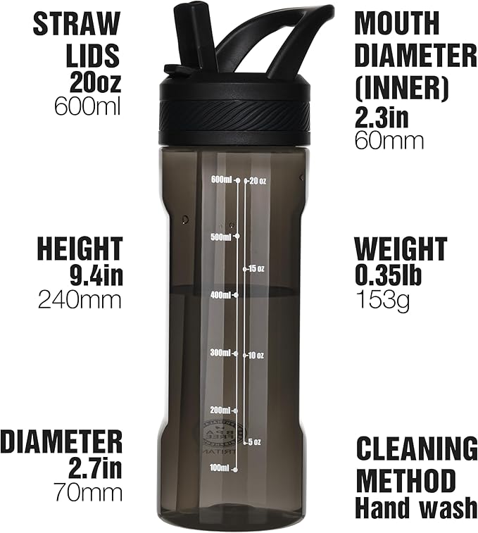 OLDLEY 20oz Kids Water Bottle with Straw, BPA-Free Tritan Water Bottle for School, Leakproof Clear Water Bottle with One Click Open, Measurement Scale, Cup Holder Friendly for Boys Girls,Black