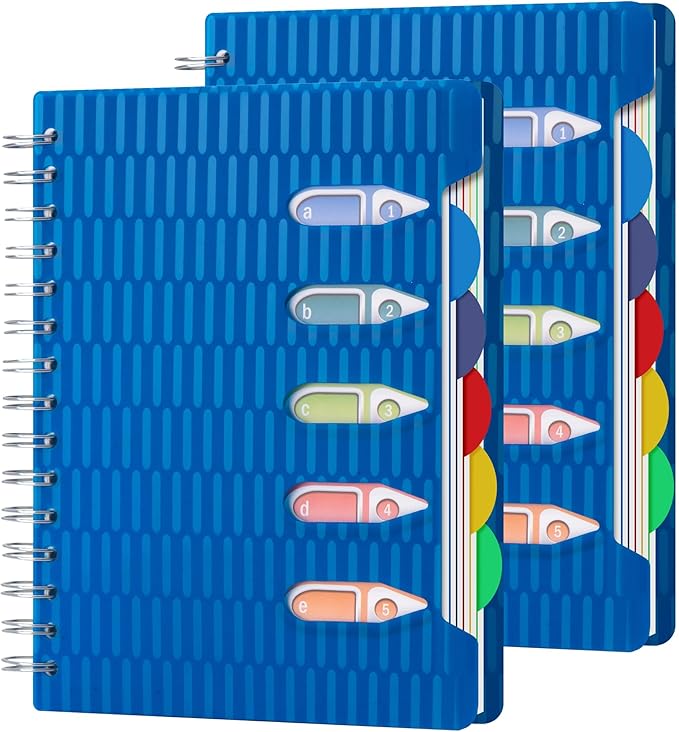 CAGIE 5 Subject Notebook with Dividers 2 Pack, 240 Pages Spiral Notebook 5x7, Small Spiral Notebook College Ruled,100gsm Lined Journal Notebooks with Tabs for Work, School,Office, Note Taking, Blue