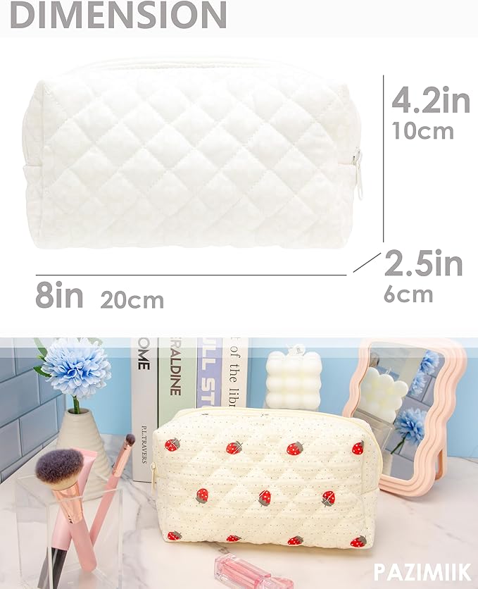 PAZIMIIK Vintage Quilted Makeup Bag Cosmetic Pouch for Brushes Pencils and Travel Make Up Accessories for Women and Girls White