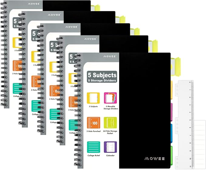 5-Subject Spiral Notebook, College Ruled, with Pocket & Tab Dividers