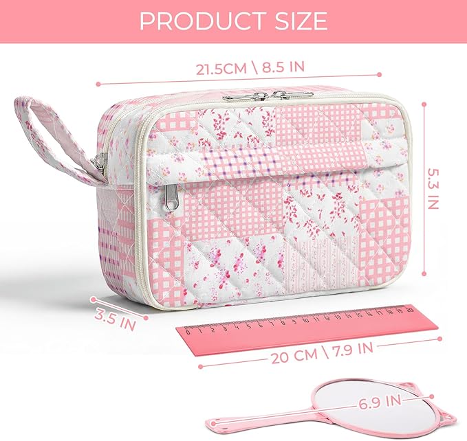 WOBAGMEN Quilted Pencil Pouch for Girls Women, Large Pencil Case Pouch with Compartments Cute Aesthetic Pencil Case Organizer, Floral Pencil Bag for School Supplies (Pink Patchwork)