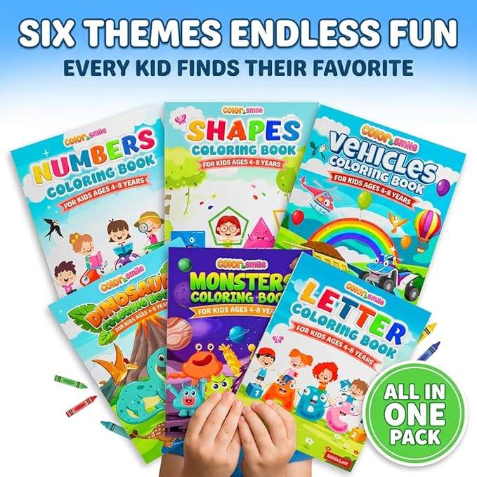 KiddieLoot Coloring Books for Kids Ages 4-8 - (Pack of 12) 8.5x11 Size Book w/Dinosaurs, Monsters, Vehicles, Alphabet, Numbers & Shapes - Kids Coloring Books Variety Set for Boys & Girls Color Gift