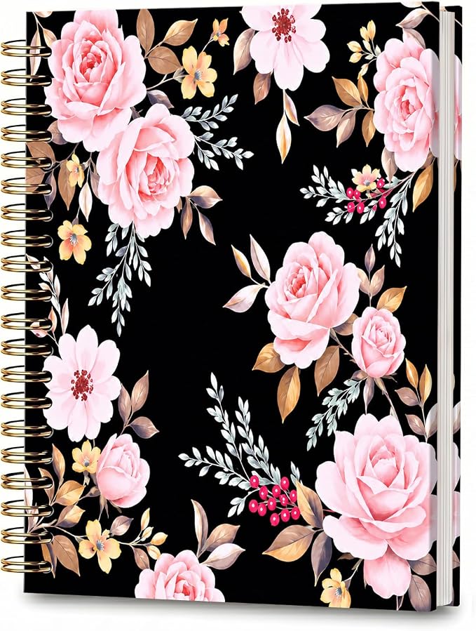 ATJFKIXL Cute Spiral Journal Notebook, A5 120 Page College Ruled Wirebound Notebook, Soft Cover for Students Office Notes and Planning - Black Rose Floral