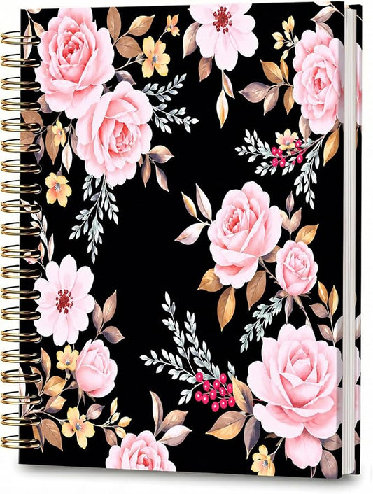 ATJFKIXL Cute Spiral Journal Notebook, A5 120 Page College Ruled Wirebound Notebook, Soft Cover for Students Office Notes and Planning - Black Rose Floral