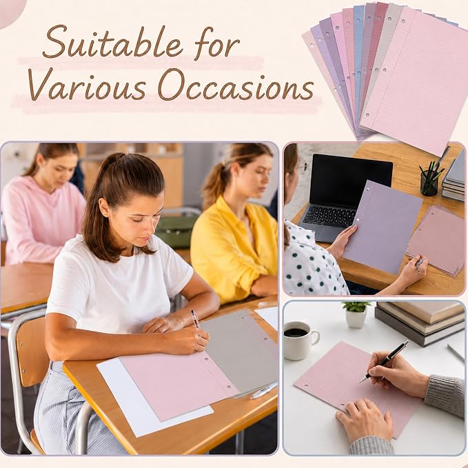 gisgfim 100 Sheets 3 Hole Punched Lined Refill Paper 8 x 10.5 Inch Loose Leaf Paper 3-Ring Binders College Ruled Notebooks Planner Inserts Thicken for Writing School Office Home Supplies(Taro)