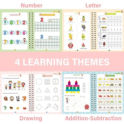 4 Pcs Reusable Grooved Handwriting Practice Books, Magic Practice Copybook with Disappearing Ink Pens Pencil Grips, Handwriting Workbook Letter Tracing Books for Kindergarten Preschool Kids Age 3-8
