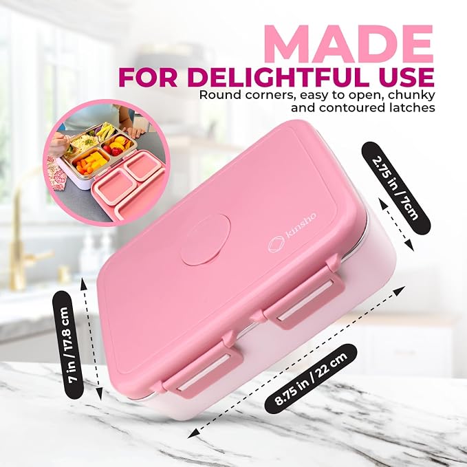 kinsho Stainless Steel Bento Box Lunch Container for Kids Adults, Pink | Heavy Duty, Leakproof Silicone Seals, Eco Metal Removable Tray, Easy-Clean Design, for School or Work Meals, 26 Oz/790 mL
