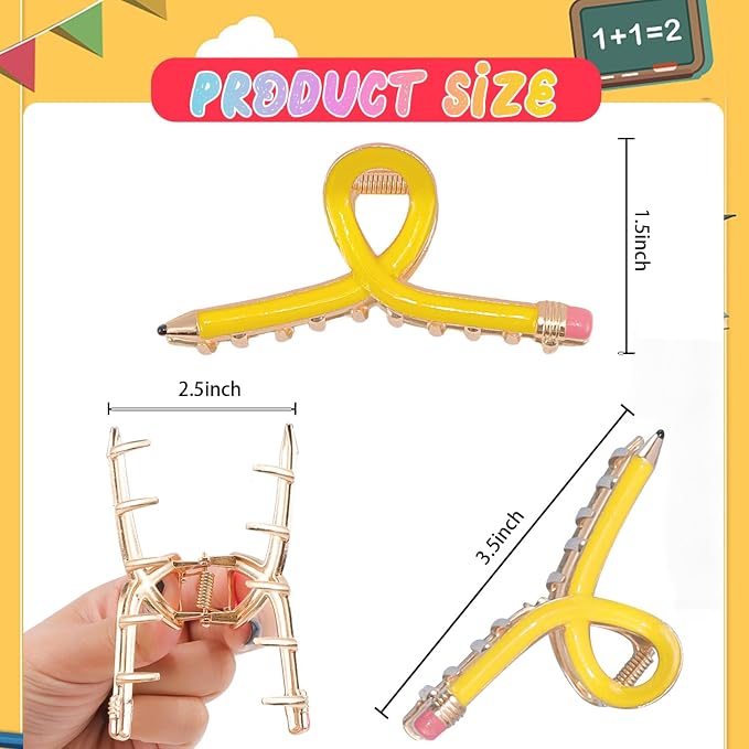 Pencil Hair Clips, Yellow Teacher Hair Clips 3Pcs Teachers Accessories for Women Fun Metal Claw Clips for Back to School Students and Teacher Accessories