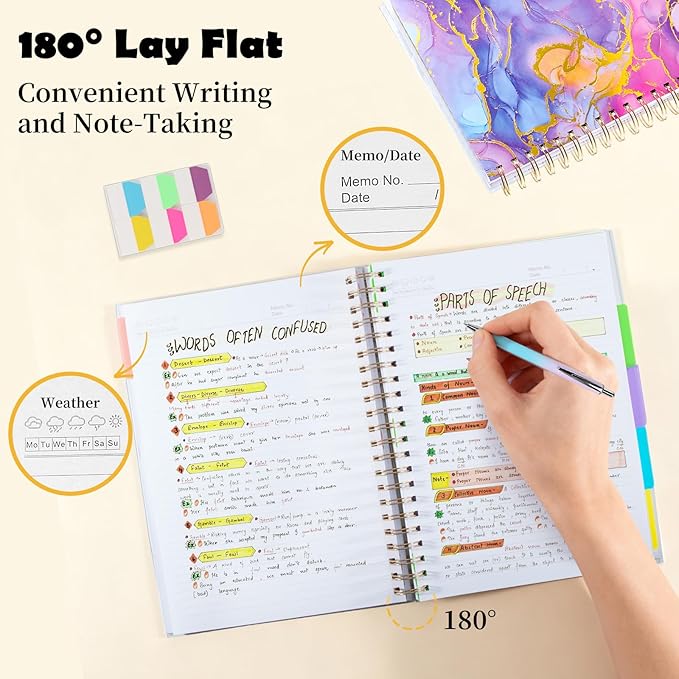 5 Subject Notebook College Ruled, A5 Spiral Notebook with Removable Pocket Dividers Tabs, Lined Organizer Notebook Journal for Women, 240 Pages Notebooks for Work School Note Taking, Pink Marble