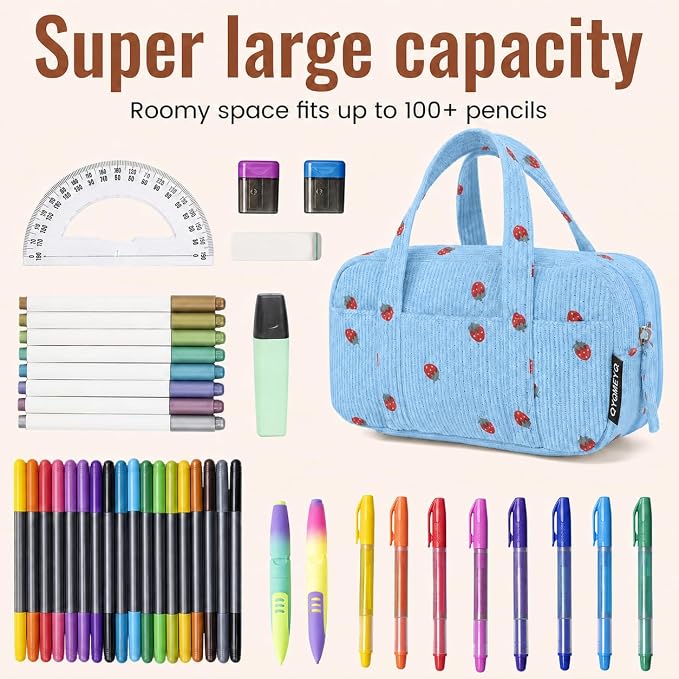 Large Pencil Case Pouch, Extra Big Pencil Bags with Zipper, Cute Corduroy Pencil Pouch with 5 Compartments, Pen Bag Wide Opening, Pencil Pouch Organizer, Pencil Box for Teen Girls Adults