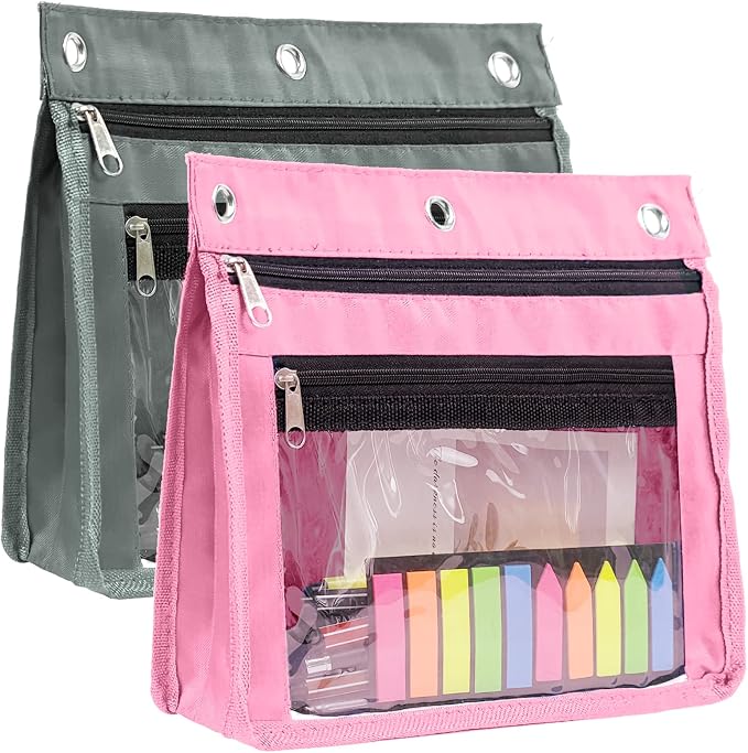 YoeeJob 2 Pack Expandable Pencil Pouches for 3 Ring Binders, Grey+Pink | 1-inch expansion, 2 clear PVC pockets, 3 holes, large-capacity storage for school and office supplies.