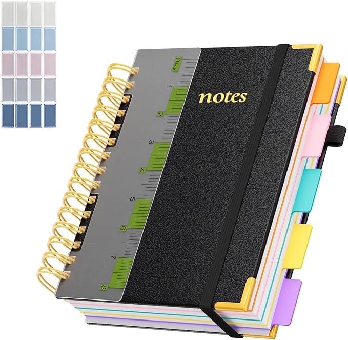XYark A5 Hardcover Spiral Notebook, 6.3"x8.5" College Ruled Notebooks with Removable Dividers Tabs & Ruler, 5 Subject Notebook 300 Pages, Small Lined Journal for Women Men School Work Office, Black