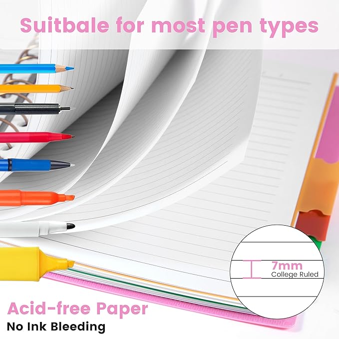 CAGIE Spiral Notebooks for School Work with Removable Dividers Tabs, 8.5” x 11” 5 Subject Notebook College Ruled, Large Lined Journaling Notebook for Women Men Writing, Pink