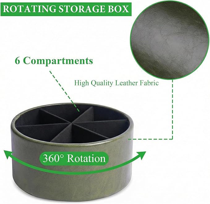 Remote Control Holder, 360°Spinning PU Leather Desk TV Remote Caddy,Desk Storage Box Room Accessories for Controller, Media,Mail,Calculator, Mobile Phone,Pencil(1-Oil Green)