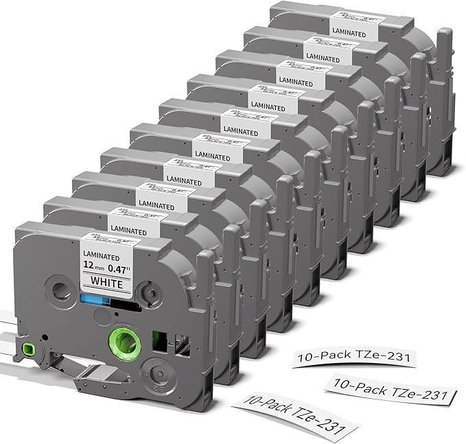 Freshworld 10-PK Replace for Brother Label Maker Refills TZe-231 12mm 0.47 Black Ink on White Tape Laminated Compatible with Brother Label Maker Tape for P-Touch PTD210 D220 H110 H111 D410 610BT Cube