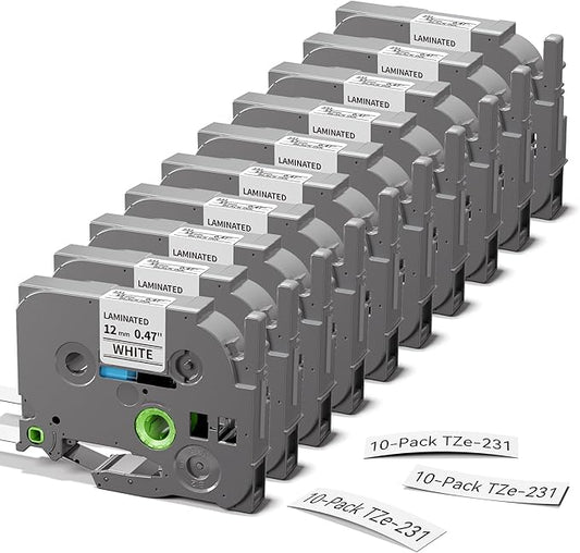 Freshworld 10-PK Replace for Brother Label Maker Refills TZe-231 12mm 0.47 Black Ink on White Tape Laminated Compatible with Brother Label Maker Tape for P-Touch PTD210 D220 H110 H111 D410 610BT Cube