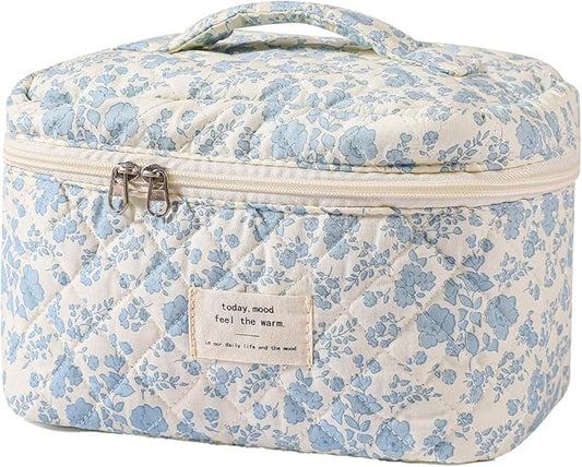 uekeboag Large Travel Quilted Makeup Bag for Women | Soft Floral Cotton Cosmetic Bag, Foldable Coquette Aesthetic Toiletry Organizer