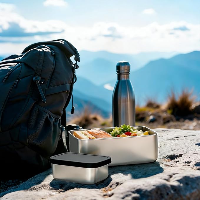 Stainless Steel Bento Box, 33oz Leak-proof Metal Lunch Box Container with Silicone Lid, Microwave-Safe, with Divider, Lunch Food Meal Prep Snack Container for School Work
