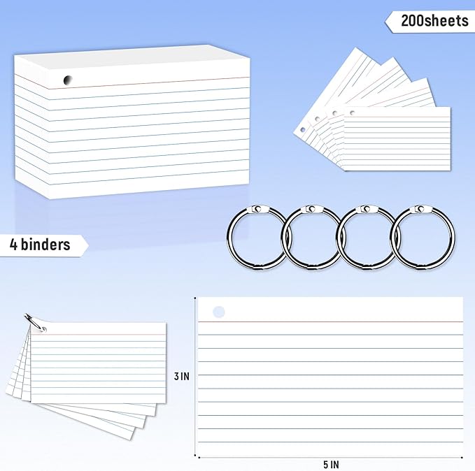 200 Count 3 x 5 Inch White Index Cards with Binder Rings, Lined & Blank Study Cards, Thick Cardstock Flash Cards for Students & Teachers, Color-Coded Notecards for School, Home, Work