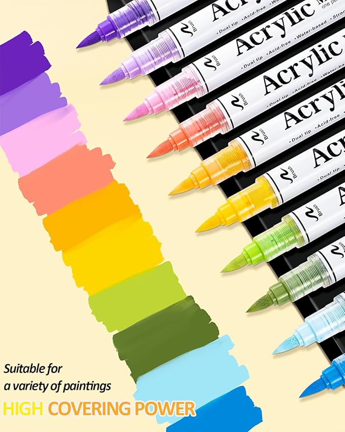 60 Colors Dual Tip Acrylic Paint Markers, 30 Pcs 2 Colors in 1 with Soft Brush Tips & Double Ink Capacity, Paint Markers for Rocks, Canvas, Wood, Fabric, Glass, Plastic, Quick-Drying, Waterproof