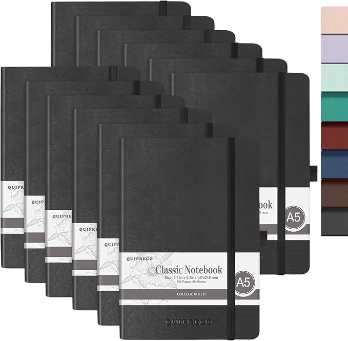 12Pack Lined Hardcover Journal Notebook, A5 192 Pages 100Gsm Thick Paper College Ruled for School,Note Taking,Work,Diary，5.7''*8.3'',Black