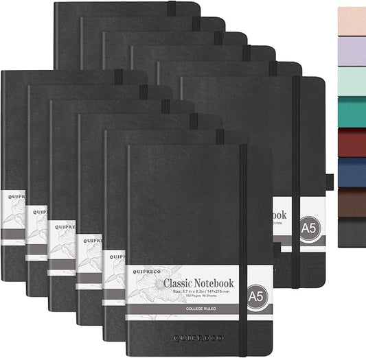 12Pack Lined Hardcover Journal Notebook, A5 192 Pages 100Gsm Thick Paper College Ruled for School,Note Taking,Work,Diary，5.7''*8.3'',Black