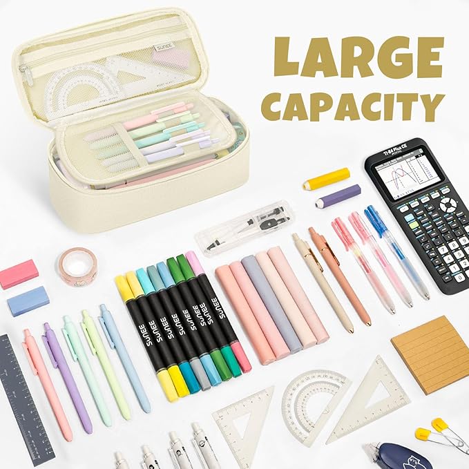 SUNEE Cute Pencil Case, Large Capacity Pencil Pouch, Big Storage Organizer for Stationery, Zipper Pen Bag, Back to School Supplies, Office Organizer Makeup Bag, for Teen Girl Boy Men Women, Beige