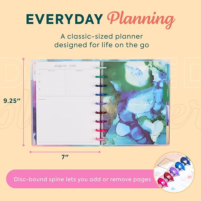 Happy Planner Disc-Bound Planner July 2026–June 2027, Includes 3 Extra Months and 2 Sticker Sheets, Classic Size, 7" x 9.25", Horizontal Layout, Live in Color
