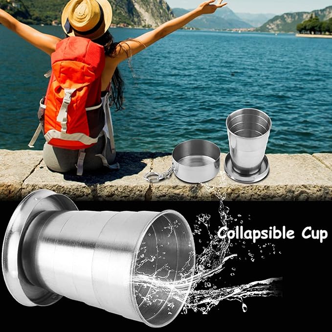 Stainless Steel Collapsible Cup, Camping Folding Cup Retractable Travel Mug with Lid Keychain Portable Drinking Outdoor Demountable Stackable Expandable Protective Cap for Hiking Picnic Coffee(S)