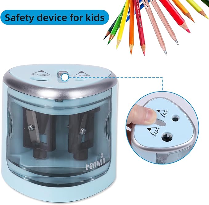 tenwin Electric Pencil Sharpener for Colored Pencils, Battery Operated Pencil Sharpeners for No.2 and 6-12mm Pencils, Dual Hole for Office School Artists Adults Kids Use（Blue）